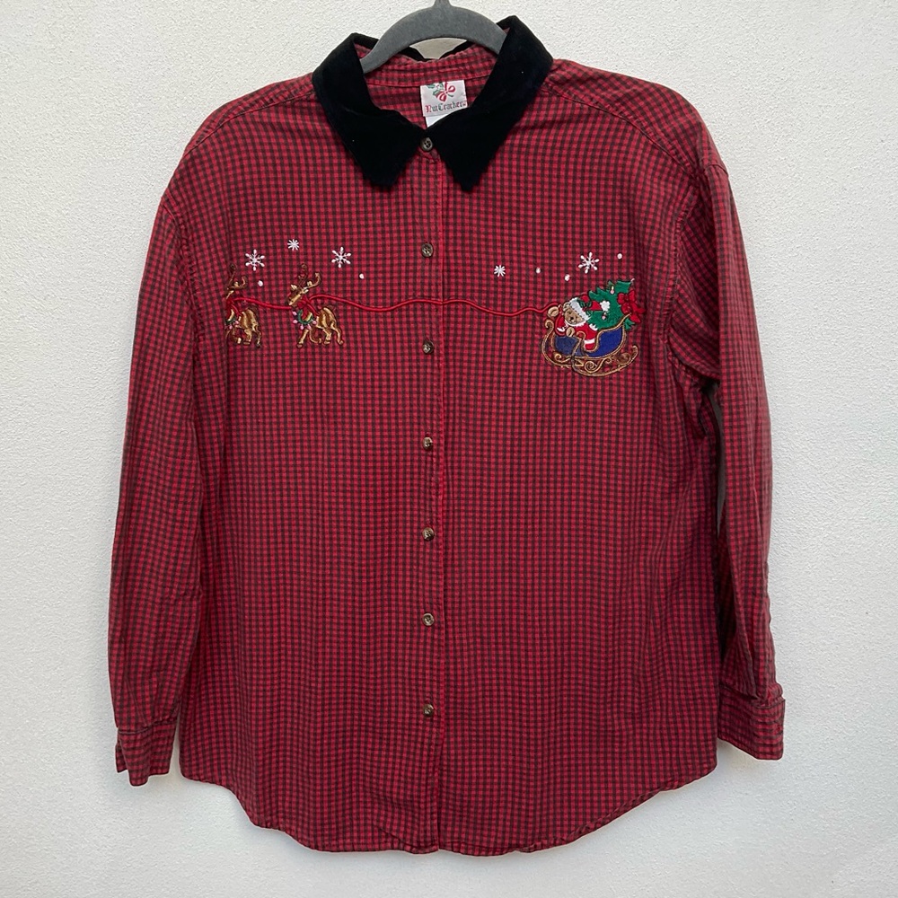 Nut Cracker Red, Black Checkered Button Down Christmas Embroidery Size M Santa